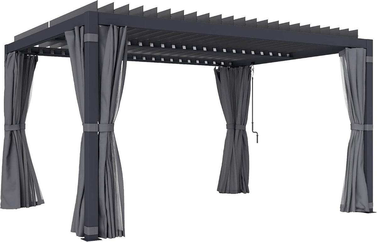 Outsunny 10 x 13 ft. Louvered Pergola Hardtop Gazebo w/Curtains Dark Gray
