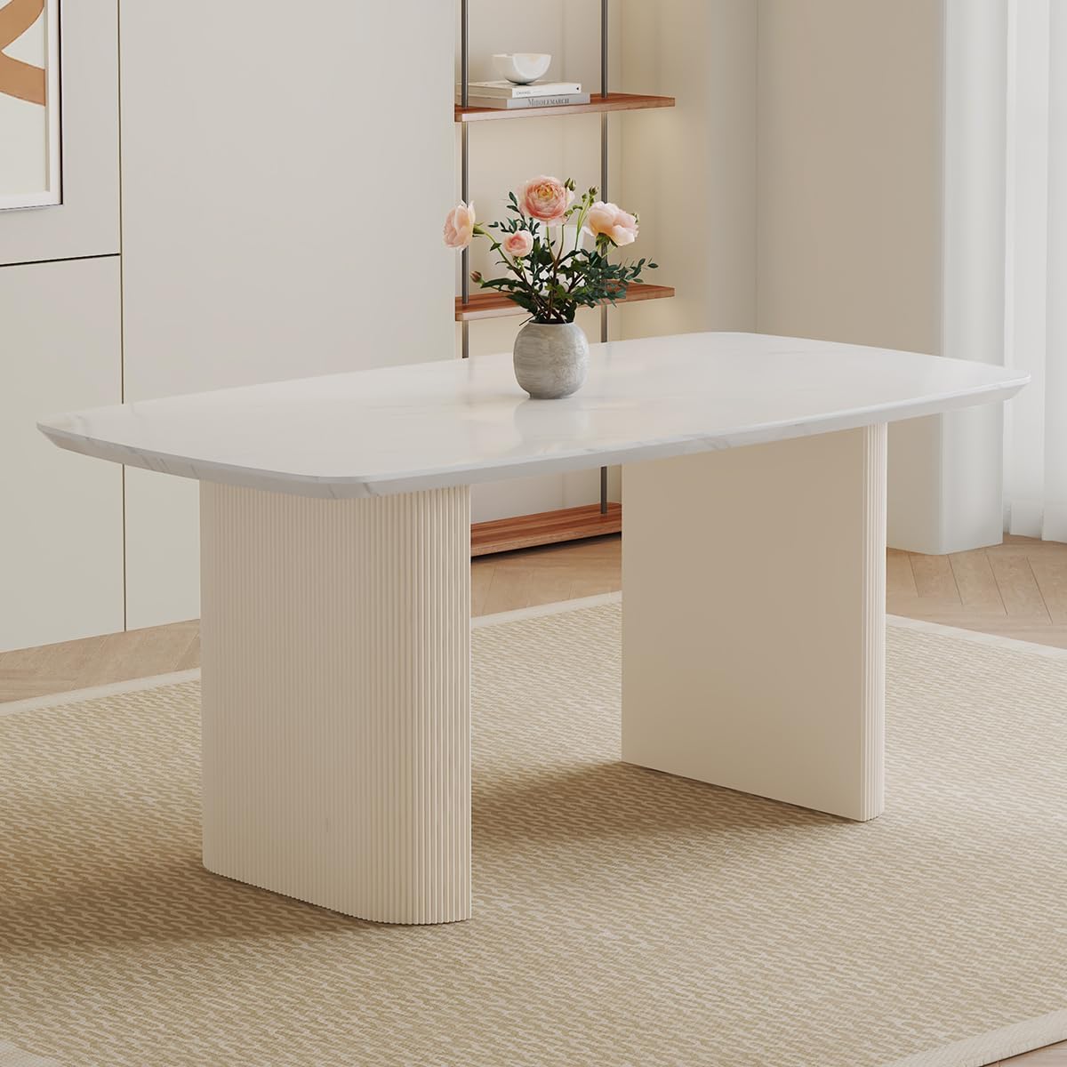 Ebullient White Dining Table, 67'' Modern Oval Dining Table for 4-8 People, White Tabletop with Cream Ripple Legs, Suitable for Dinning Room, White Table Only