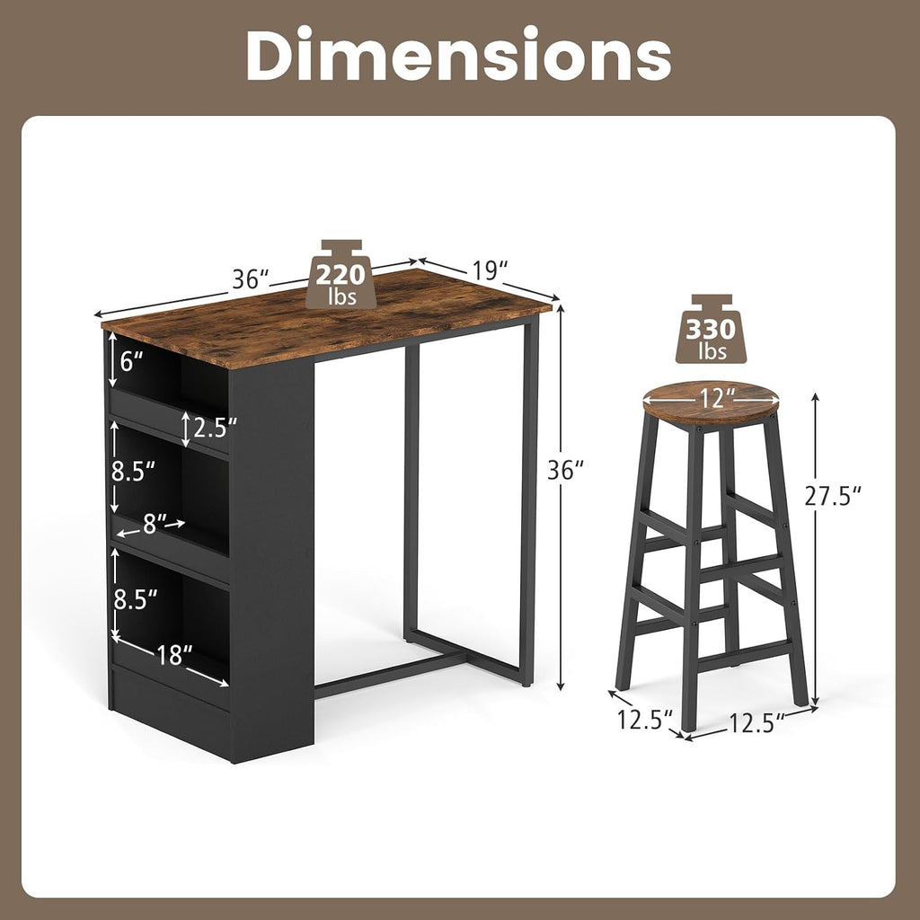 COSTWAY 3-Piece Bar Table Set, 36" Counter Height Breakfast Table Set