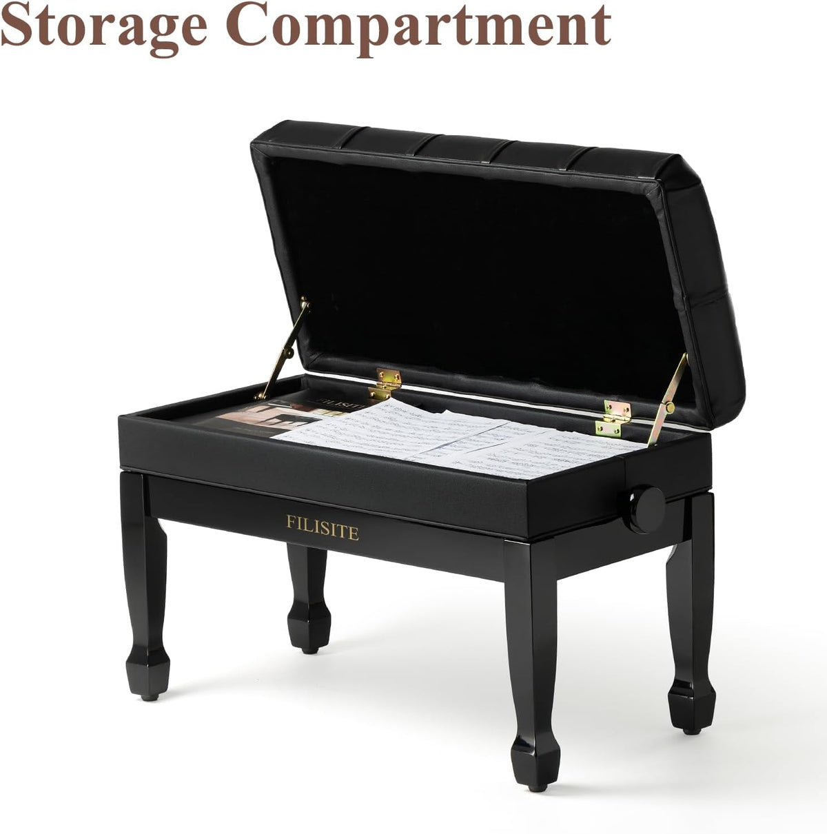Genuine Leather Duet Piano Bench with Storage,Adjustable Heavy Duty Wooden Double Keyboard Seat XHJ-11G(Black)