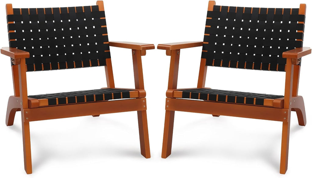 VINGLI Outdoor Armchair, Wooden Adirondack Chair All-Weather Wooden Patio Chair with Waterproof PE Woven Fabric, Porch Chair for Garden, Lawn and Poolside (2, Black and Brown)