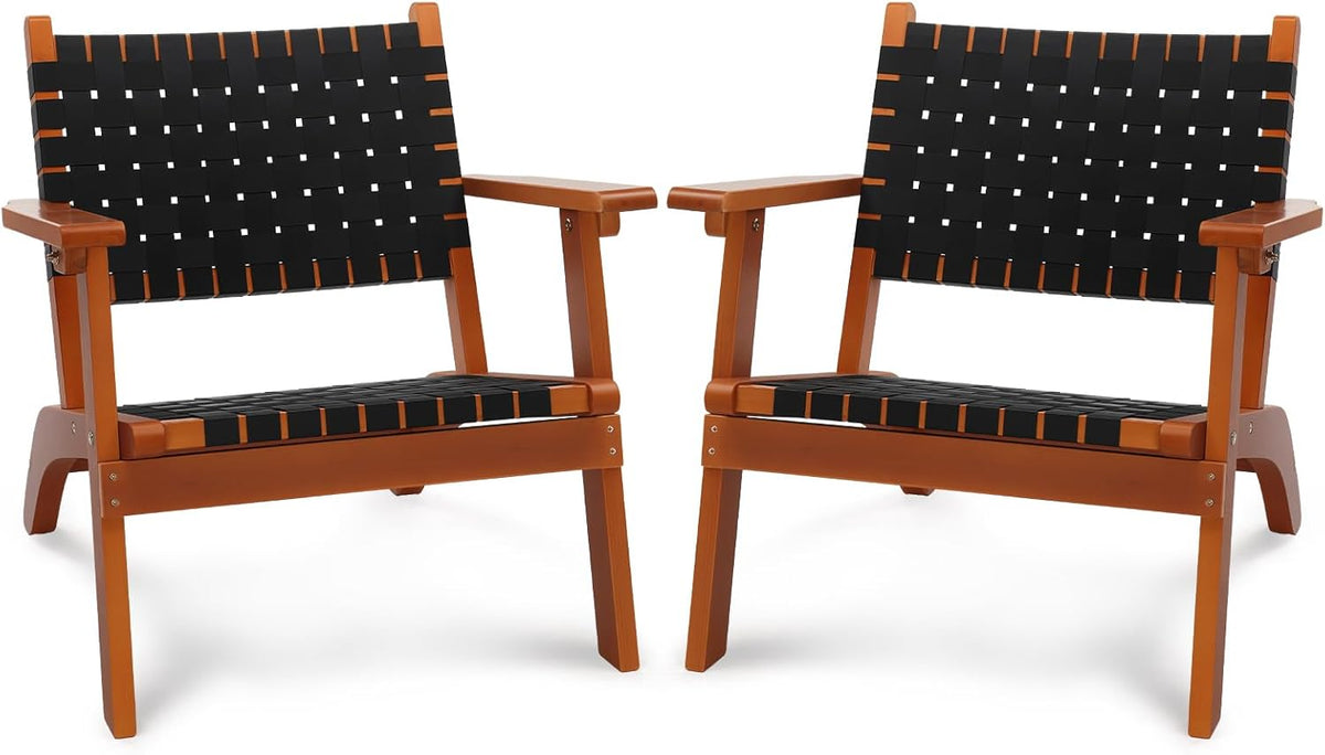 VINGLI Outdoor Armchair, Wooden Adirondack Chair All-Weather Wooden Patio Chair with Waterproof PE Woven Fabric, Porch Chair for Garden, Lawn and Poolside (2, Black and Brown)