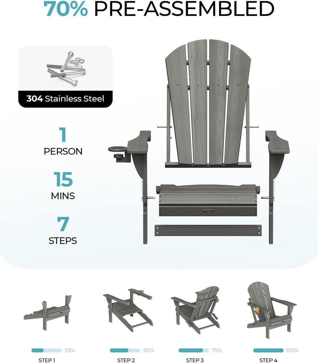 Ciokea Folding Adirondack Chair Wood Texture 4 Pack, Patio Adirondack Chair Weather Resistant, Plastic Fire Pit Chair with Cup Holder, Lawn Chair for Outdoor Porch Garden Backyard Deck (Grey)