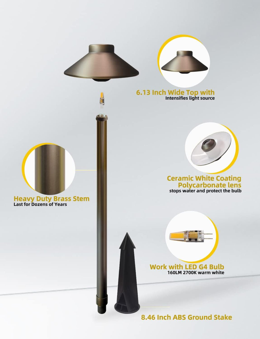 COLOER Brass Low Voltage Pathway Lights 4-Pack with 3W LED G4 Bulb (602B)