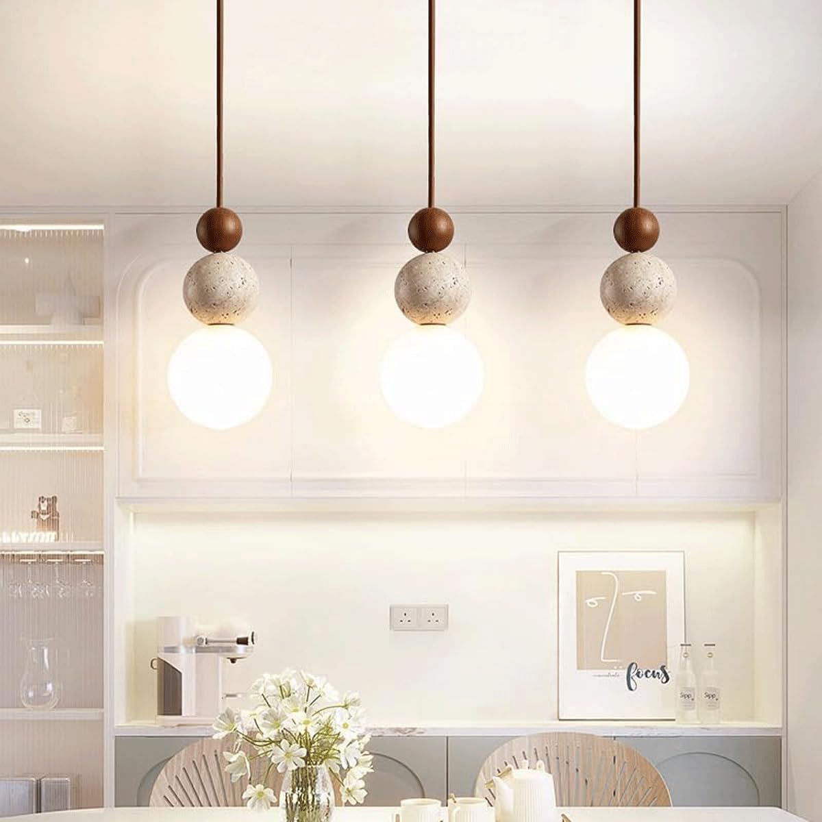 Modern Indoor Pendant Light Natural Stone Spherical Hanging Light Frosted White Glass Suspension Pendant Lamp for Bedside Restaurant Kitchen Island Aisle Bar Club Chandelier