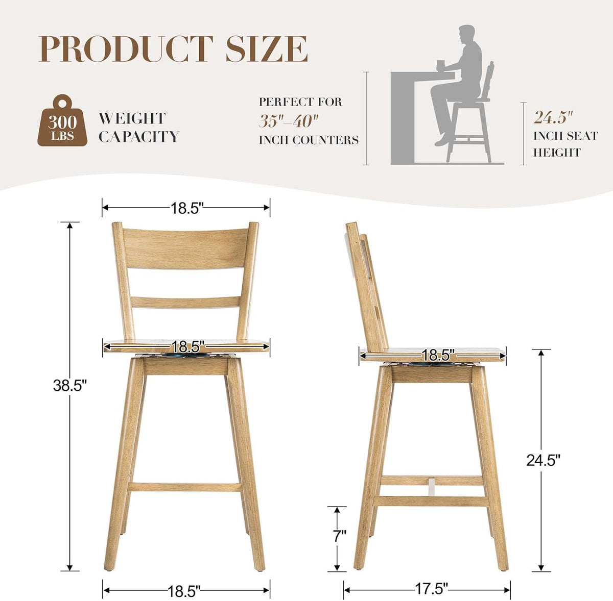 Ya-Home Swivel Counter Stools Set of 2, 24.5" Solid Wood Bar Stools with Back & Wood Seat, Natural Finish — Mid Century Modern Counter Height Bar Chairs for Kitchen Island