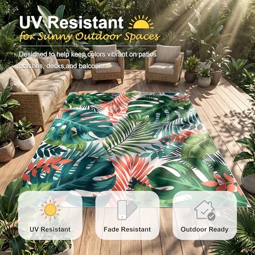 Arenarug 5x8 Monstera Tropical Outdoor Rug Waterproof, Teal