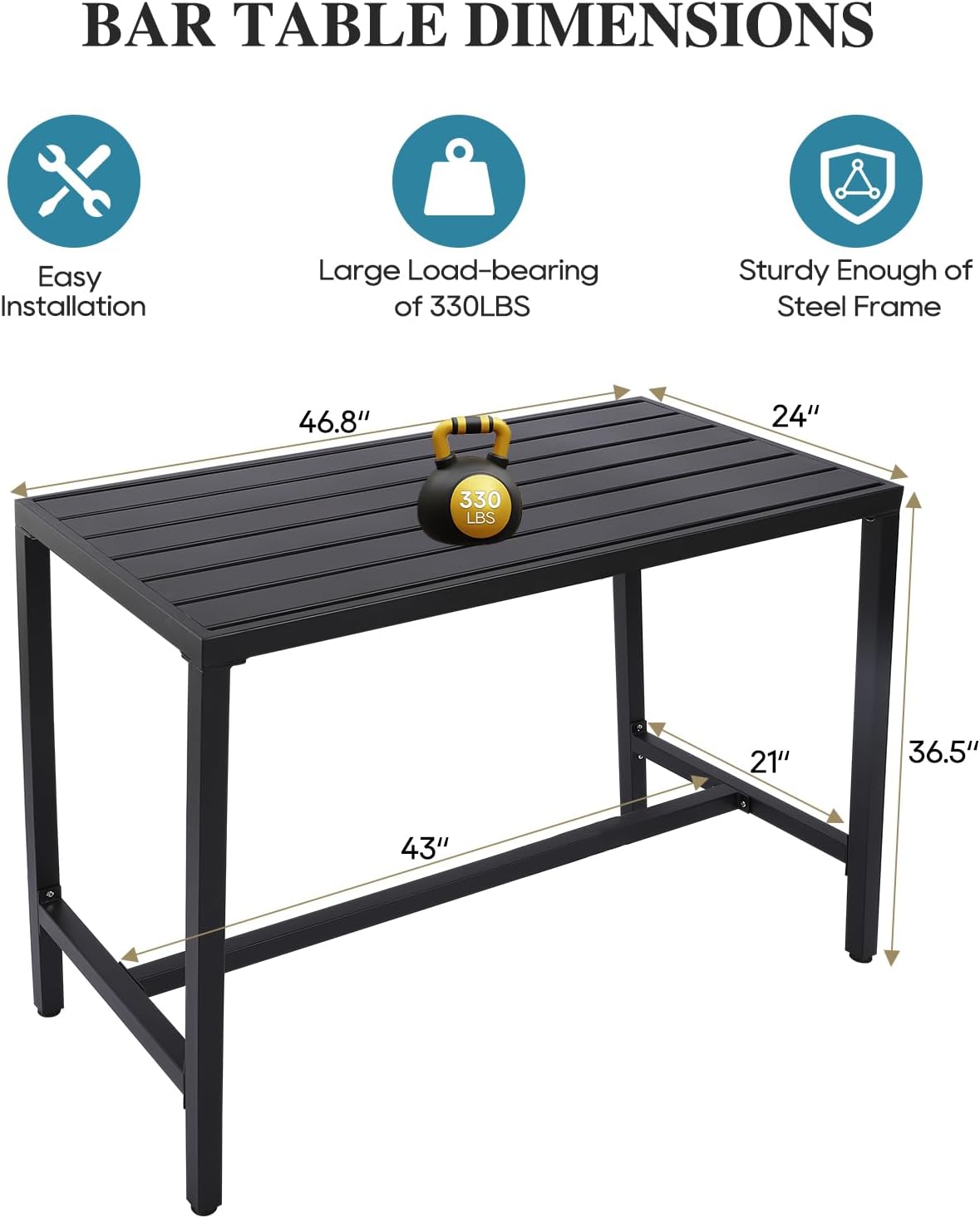 Outdoor Bar Table, Patio Console Pub Height Tables with Powder Coated Steel Frame, Weather Resistant Waterproof Top for Hot Tub, Balcony, Garden, Yard, Poolside (47" Wide Bar Table, Black)