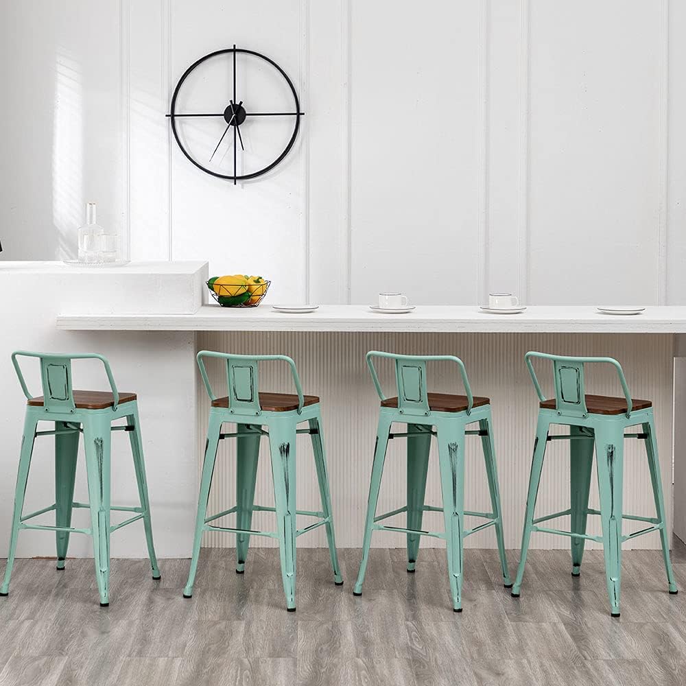 Andeworld Bar Stools Set of 4, 26" Distressed Barstools, Green Blue
