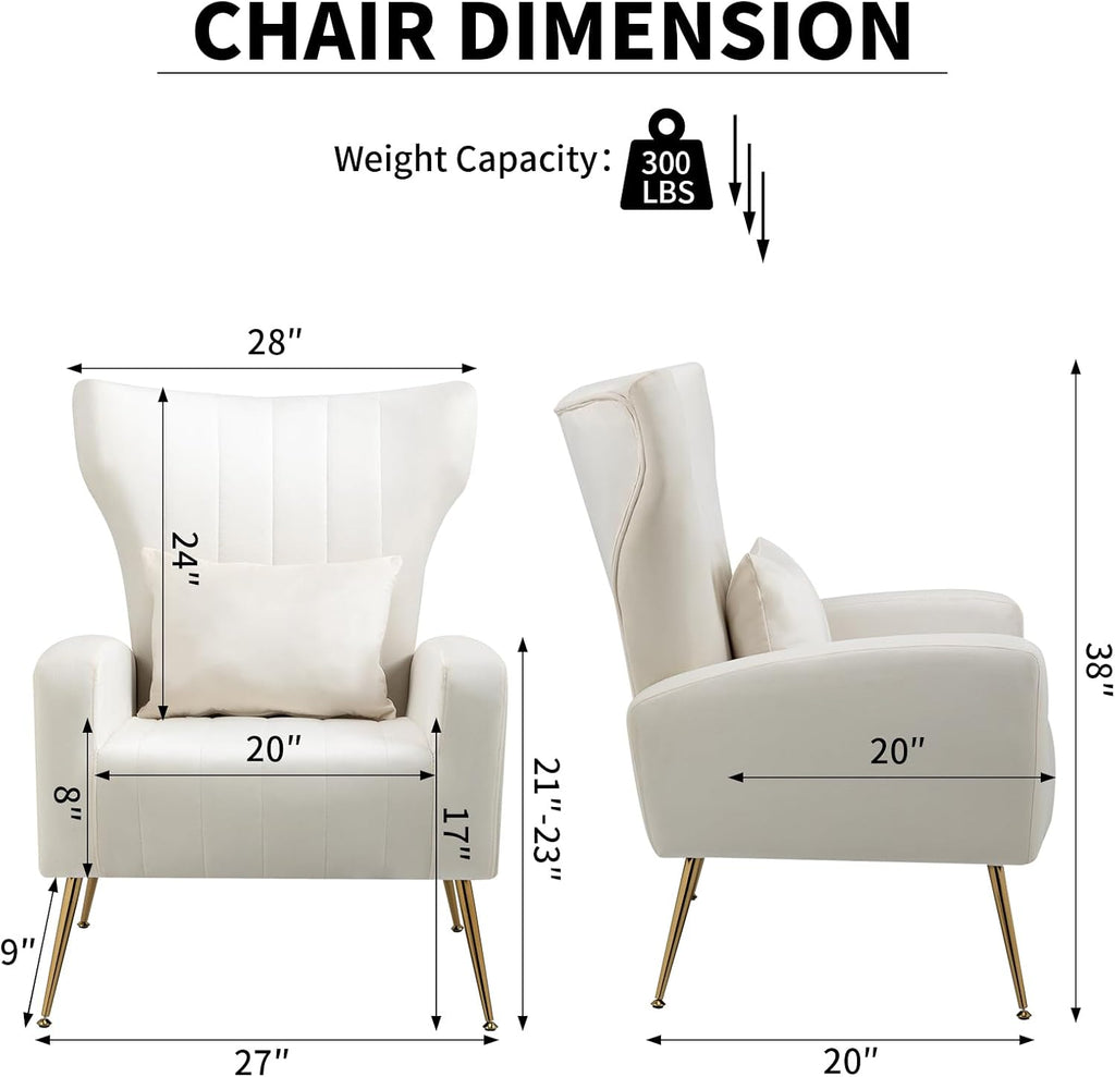 Velvet Accent Chair for Living Room Bedroom, Modern Arm Chair with Wingback & Gold Metal Legs, Lumbar Pillow Included, White