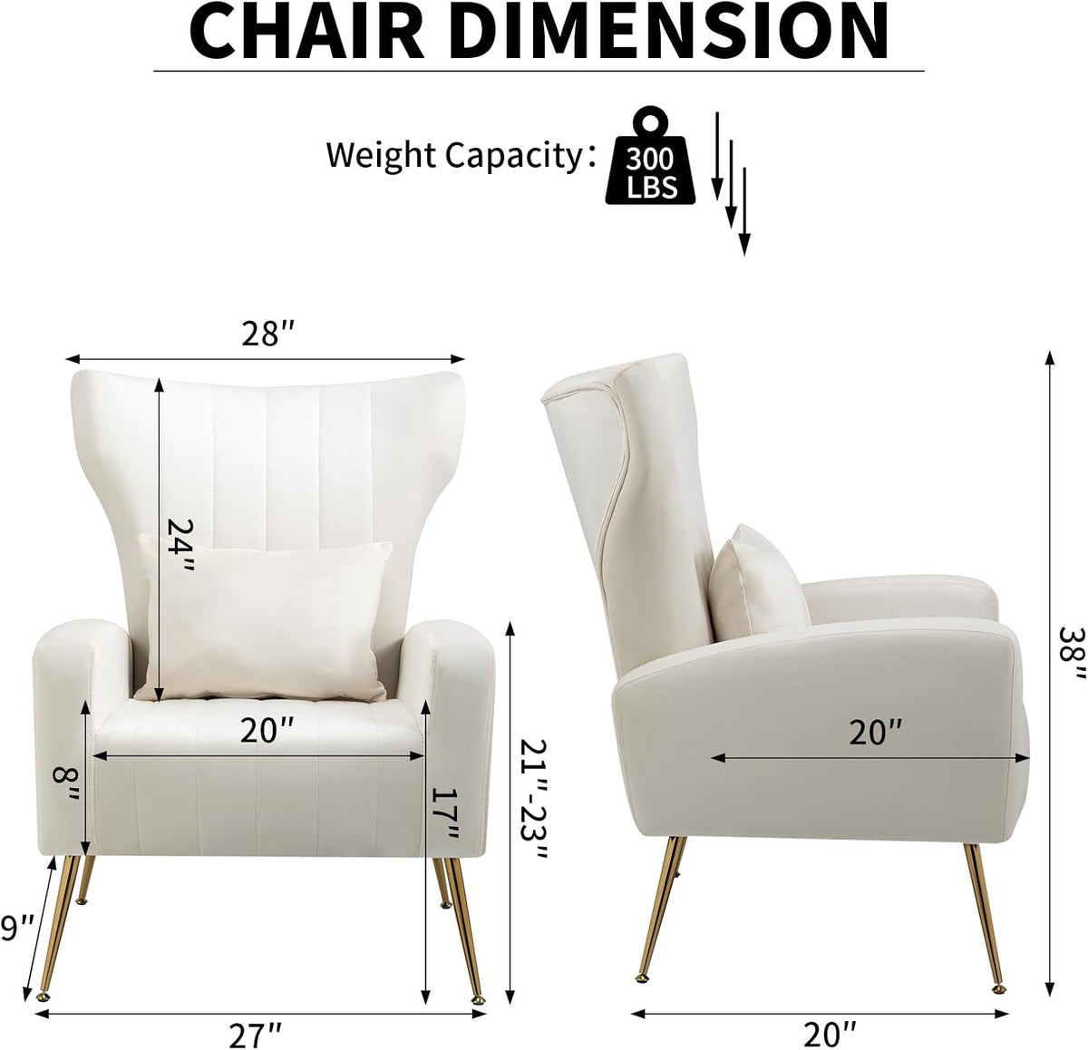 Velvet Accent Chair for Living Room Bedroom, Modern Arm Chair with Wingback & Gold Metal Legs, Lumbar Pillow Included, White