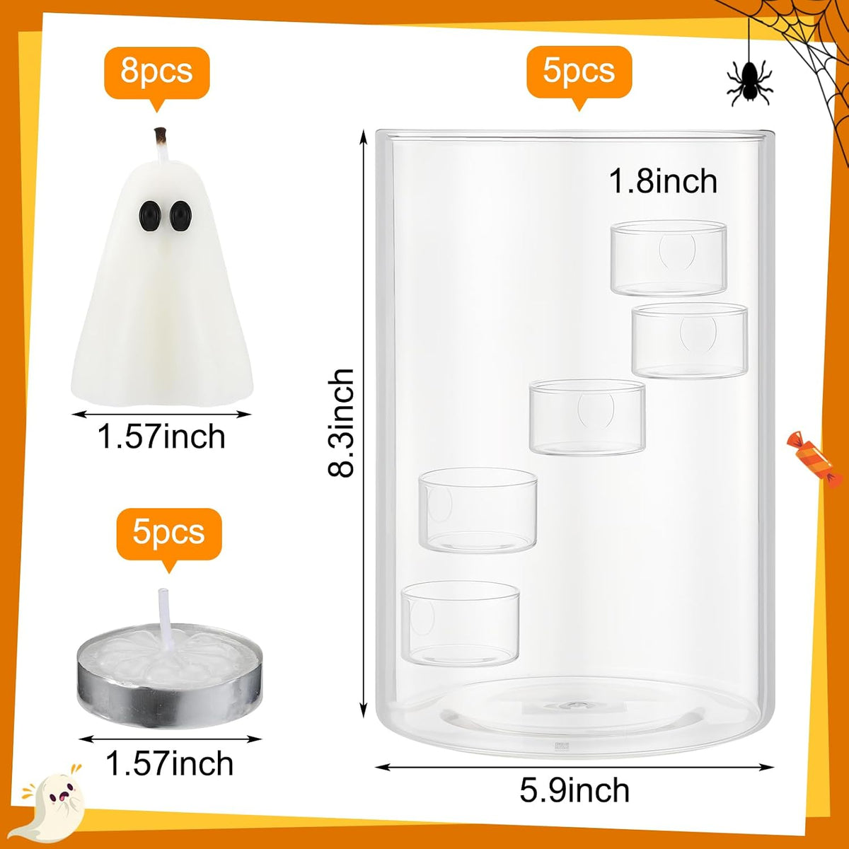 Reallnaive Halloween Glass Hurricane Candle Holder with Candles and Tea Light Clear Cylinder Pillar Candle Holder for Halloween Table Centerpiece Decorations (13 Candles,Single Style) (13 Pcs)