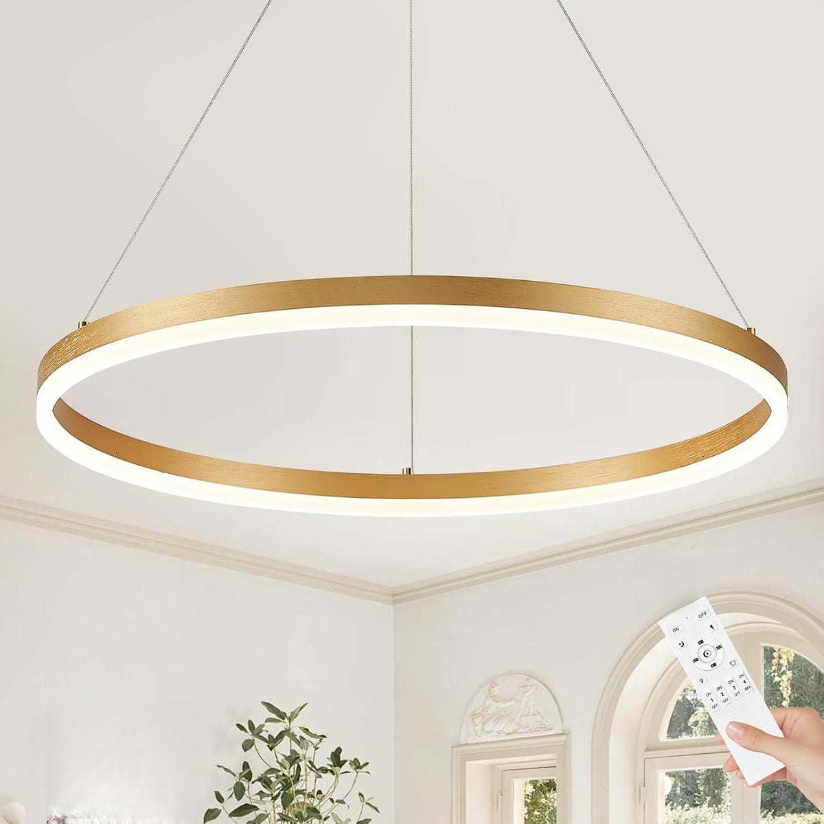 Benkut D24in Modern LED Ring Chandelier Gold Pendant Light with Remote