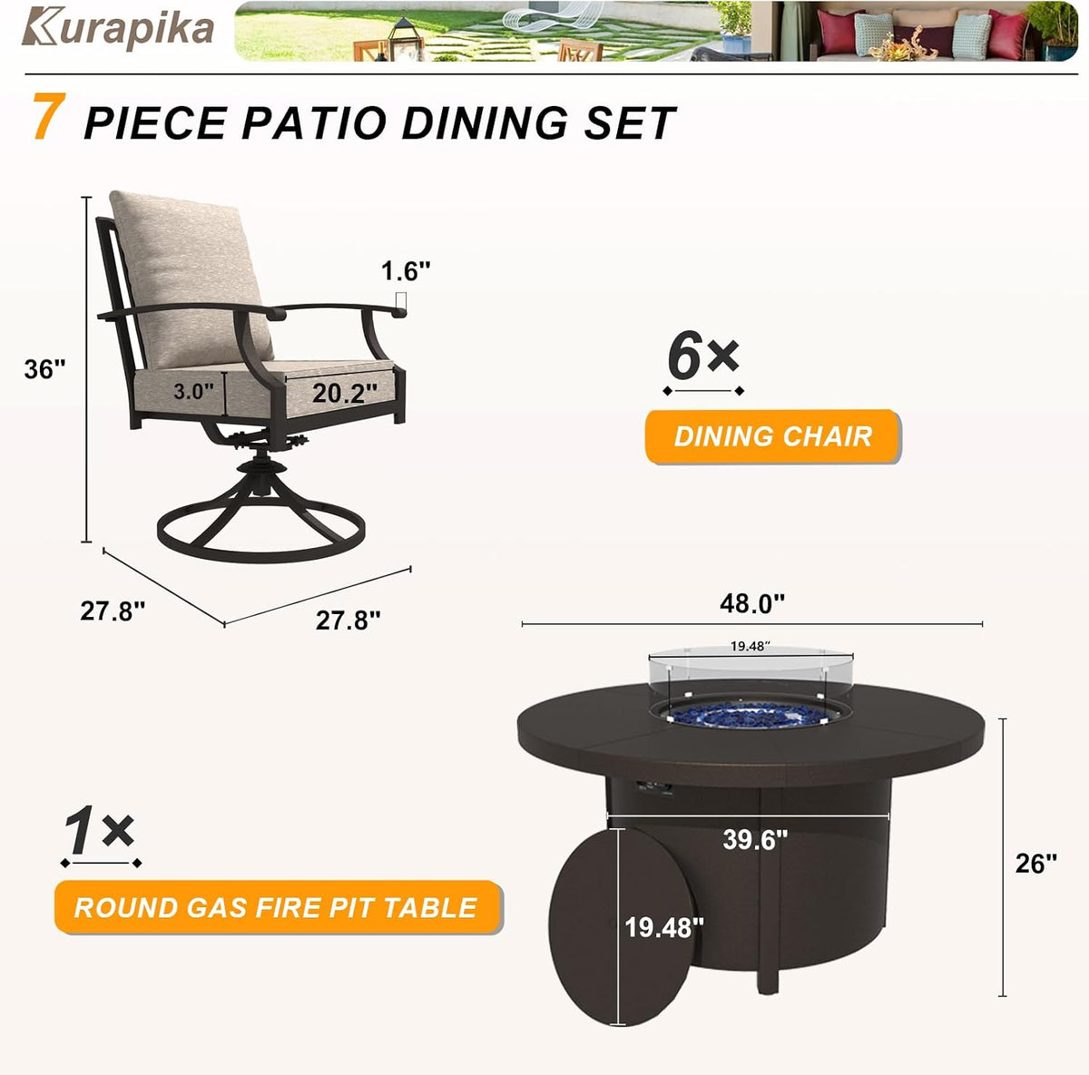 Kurapika 7 Piece Metal Outdoor Patio Furniture Set with Round Fire Pit Table, Patio Conversation Sets 6 Swivel Chairs with Thick Cushion and 40000 BTU Fire Pit Table, Sand