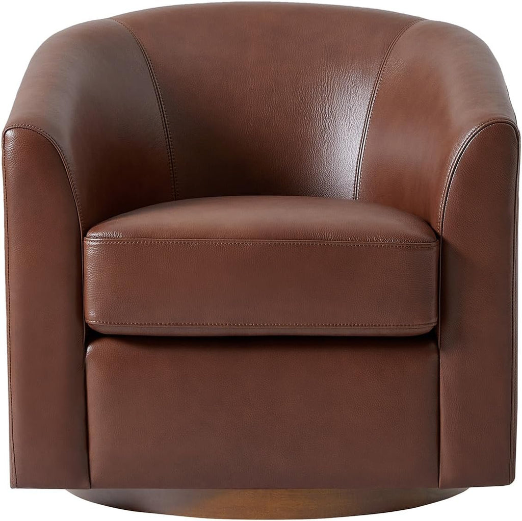 HULALA HOME Genuine Leather Swivel Barrel Chair with Solid Wood Base, Brown