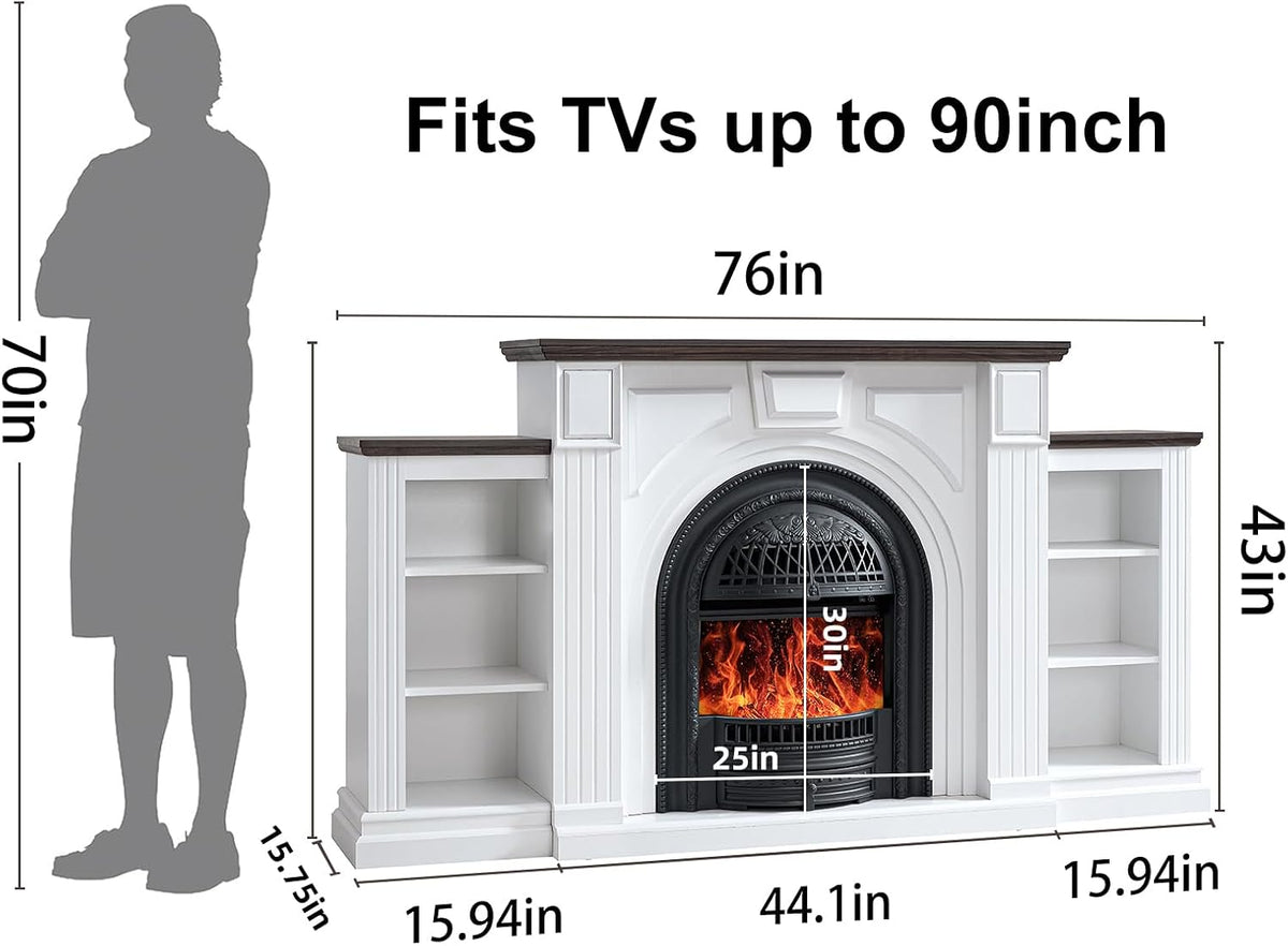 Farmhouse Electric Fireplace with Mantel, 76" Fireplace TV Stand Entertainment Center for TVs up to 90'', Fireplace Heater Media Console, 30" Fire Place Insert Heater for Living Room, Bedroom