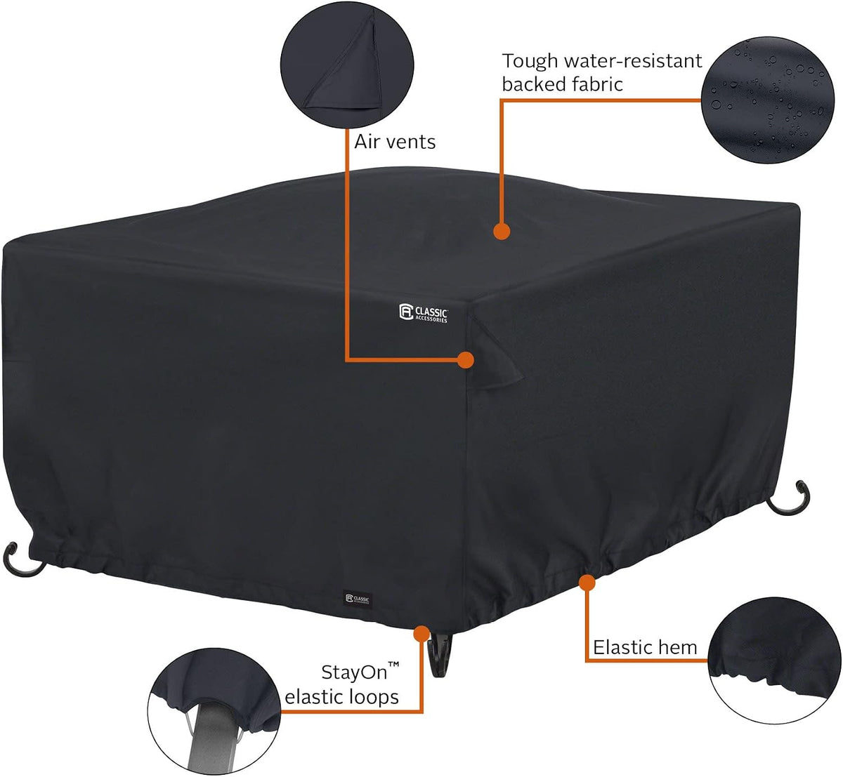 Classic Accessories Water-Resistant 42 Inch Square Fire Pit Table Cover, Outdoor Table Cover