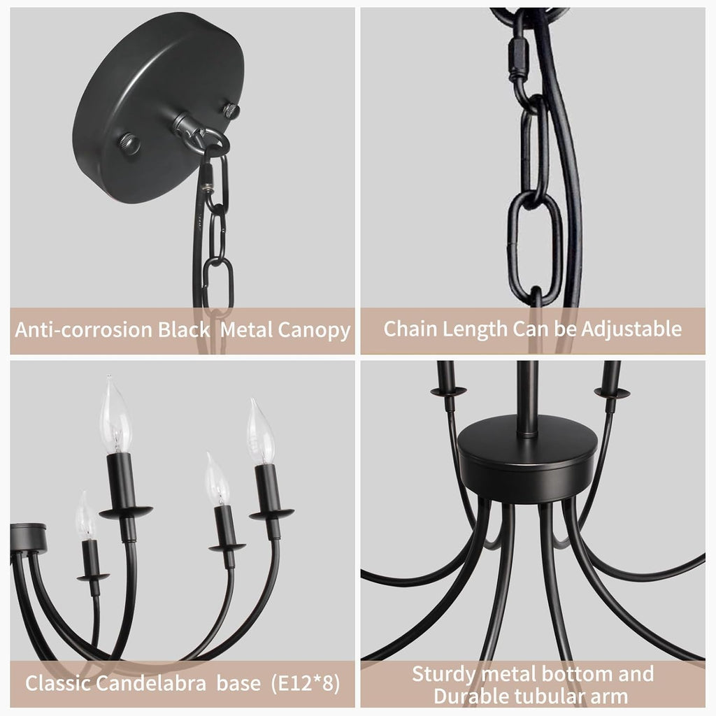 8 light black farmhouse chandelier, dining room light showing dimensions