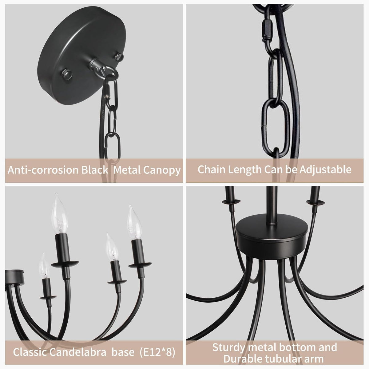 8 light black farmhouse chandelier, dining room light showing dimensions