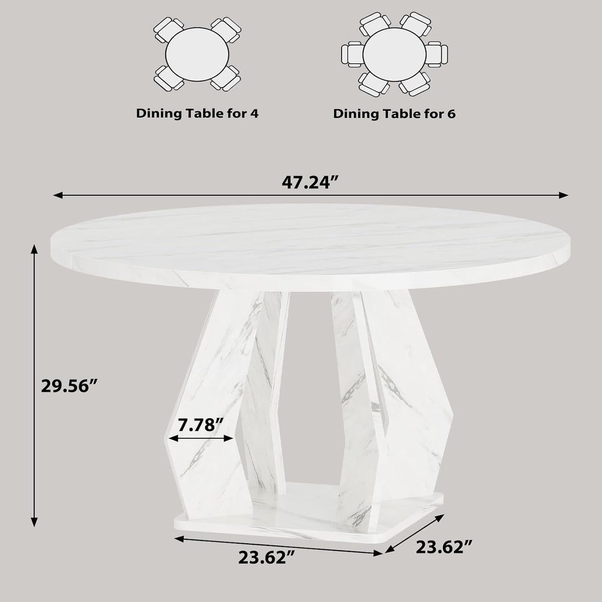 IBF White Marble Round Dining Table, Modern Wood Dinner Tables, 47 Inch