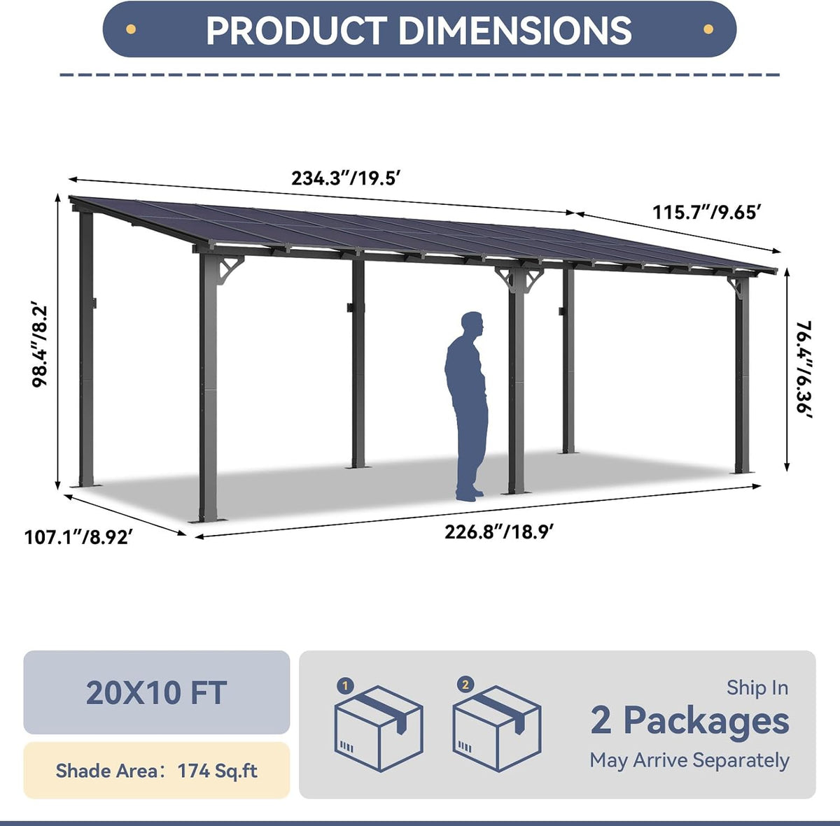 10' X 20' Lean to Gazebo Pergola, Metal Outdoor Gazebos
