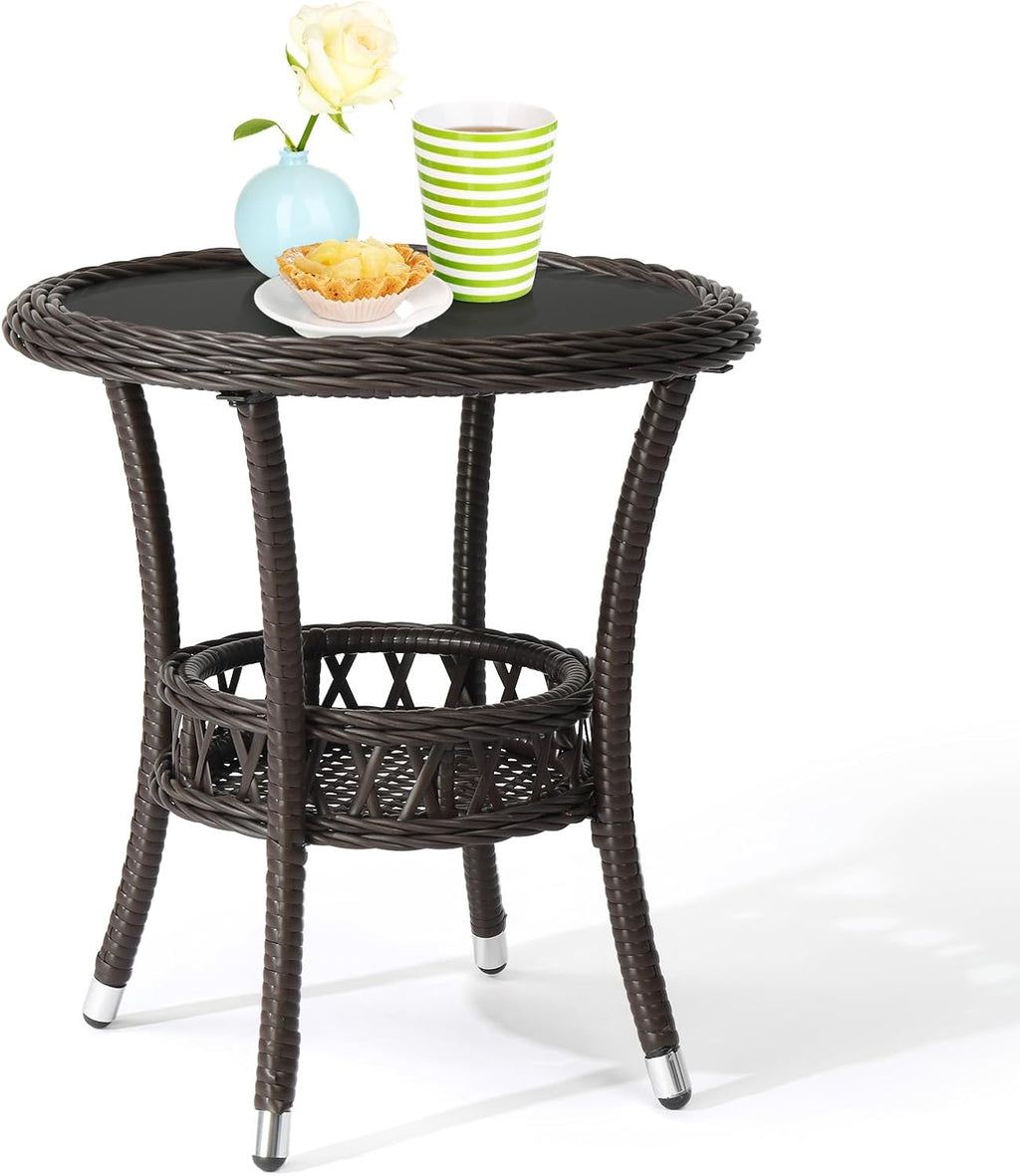 VINGLI Outdoor Wicker Side Table, Patio Side Tables for Outside Tempered Glass Top Wicker Table with Storage End Table for Balcony Porch Deck (Dark Brown)