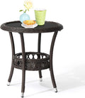 VINGLI Outdoor Wicker Side Table, Patio Side Tables for Outside Tempered Glass Top Wicker Table with Storage End Table for Balcony Porch Deck (Dark Brown)