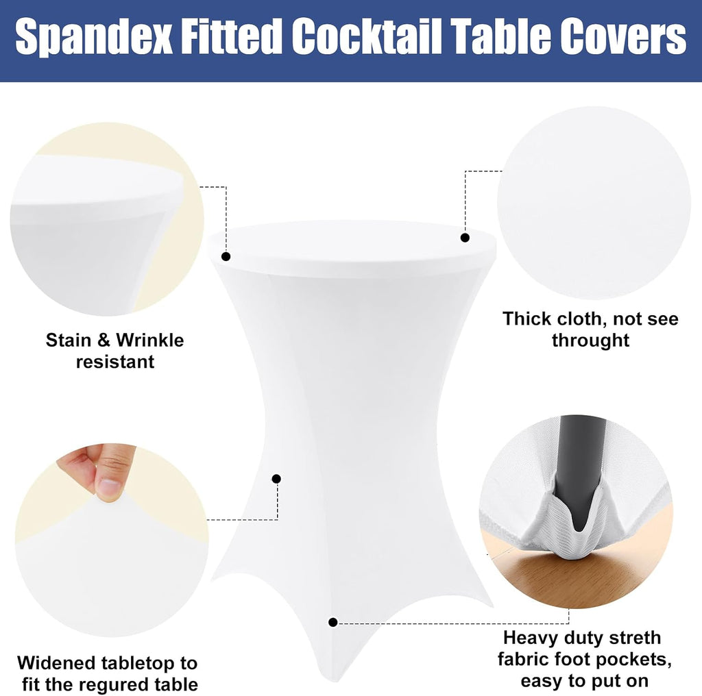 Moosfor Spandex Cocktail Table Covers 4 Pack, Elastic Fitted Stretch Table Cloth, Round High Top Tablecloths for Bar, Party, Pub, Wedding & Banquet (White, 32x43 Inch)
