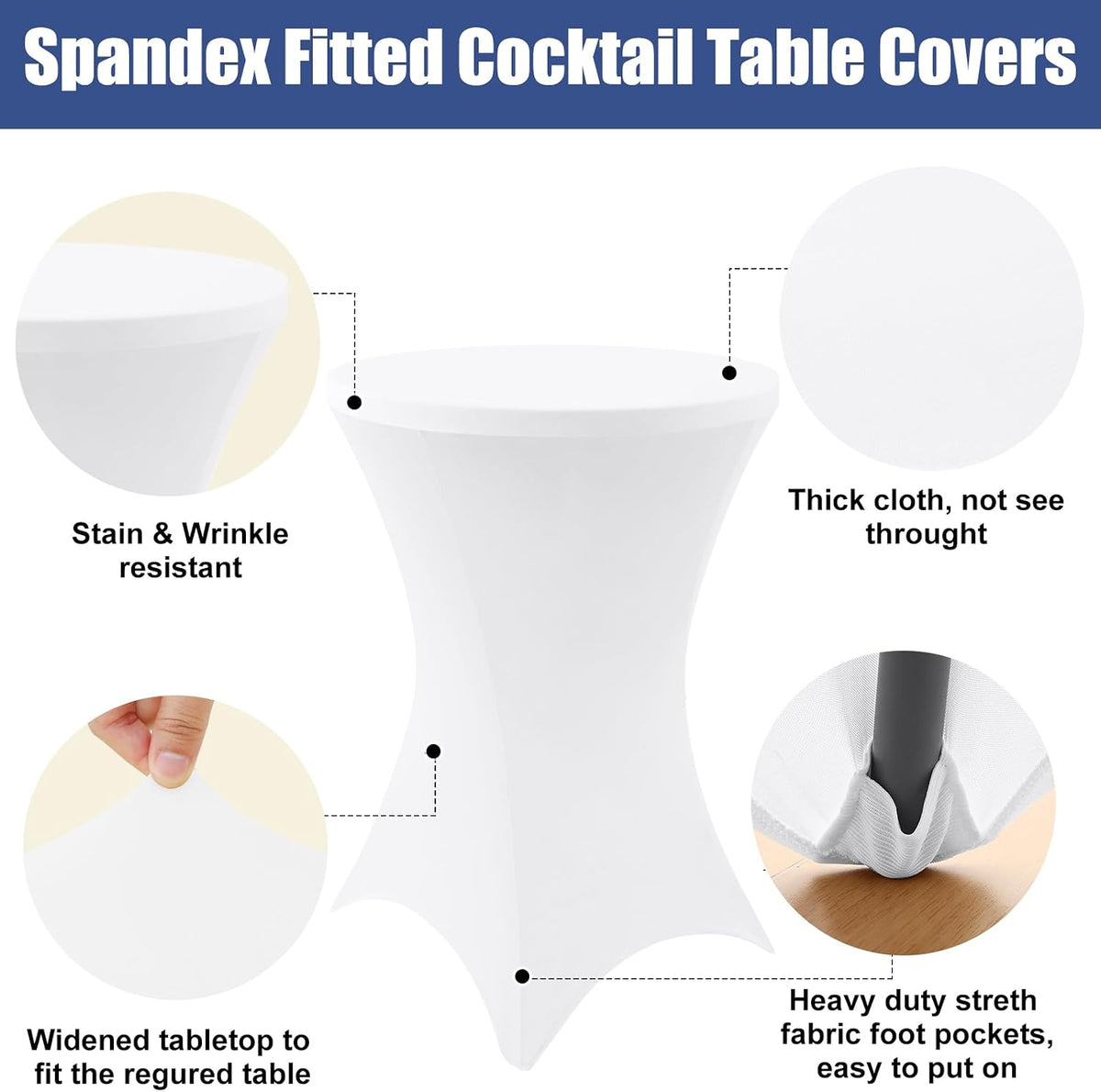 Moosfor Spandex Cocktail Table Covers 4 Pack, Elastic Fitted Stretch Table Cloth, Round High Top Tablecloths for Bar, Party, Pub, Wedding & Banquet (White, 32x43 Inch)
