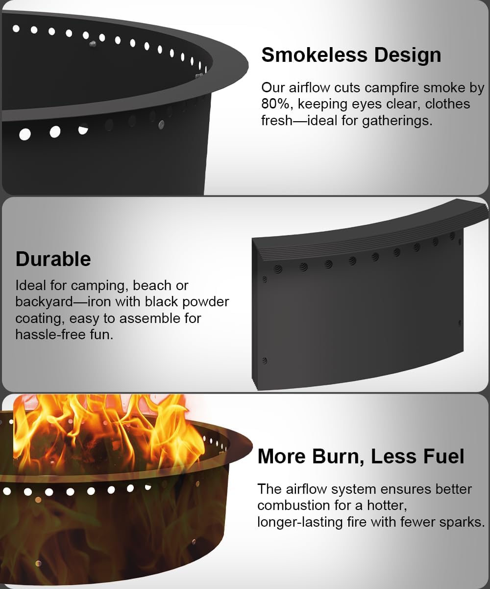 28 Inch Smokeless Fire Pit Ring Insert Firepit Kit Outdoor, Black