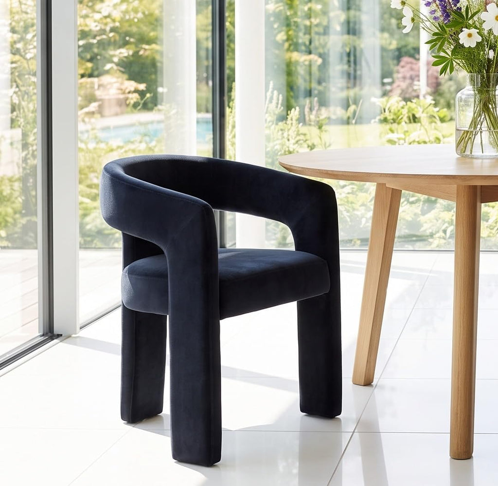 RIVOVA Modern Barrel Dining Chair, Velvet Upholstered Accent Side Chair with Arms Comfy Makeup Vanity Chair, Dining Living Room Kitchen Chair, Black