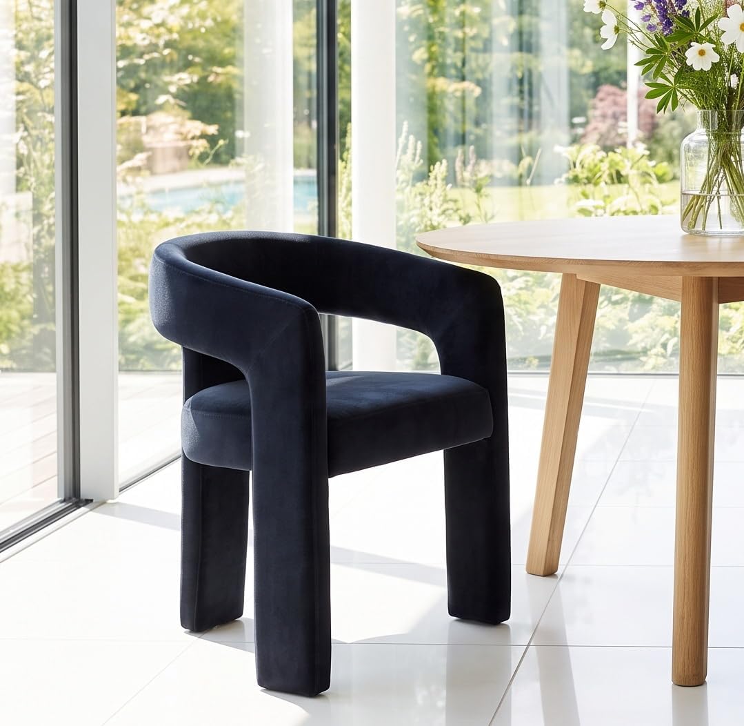 RIVOVA Modern Barrel Dining Chair, Velvet Upholstered Accent Side Chair with Arms Comfy Makeup Vanity Chair, Dining Living Room Kitchen Chair, Black