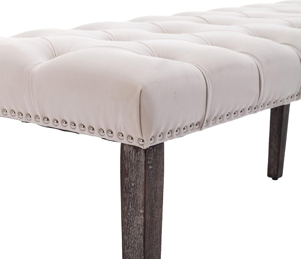 KCC Button-Tufted Ottoman Bench, Upholstered Velvet Bedroom Benches,Beige