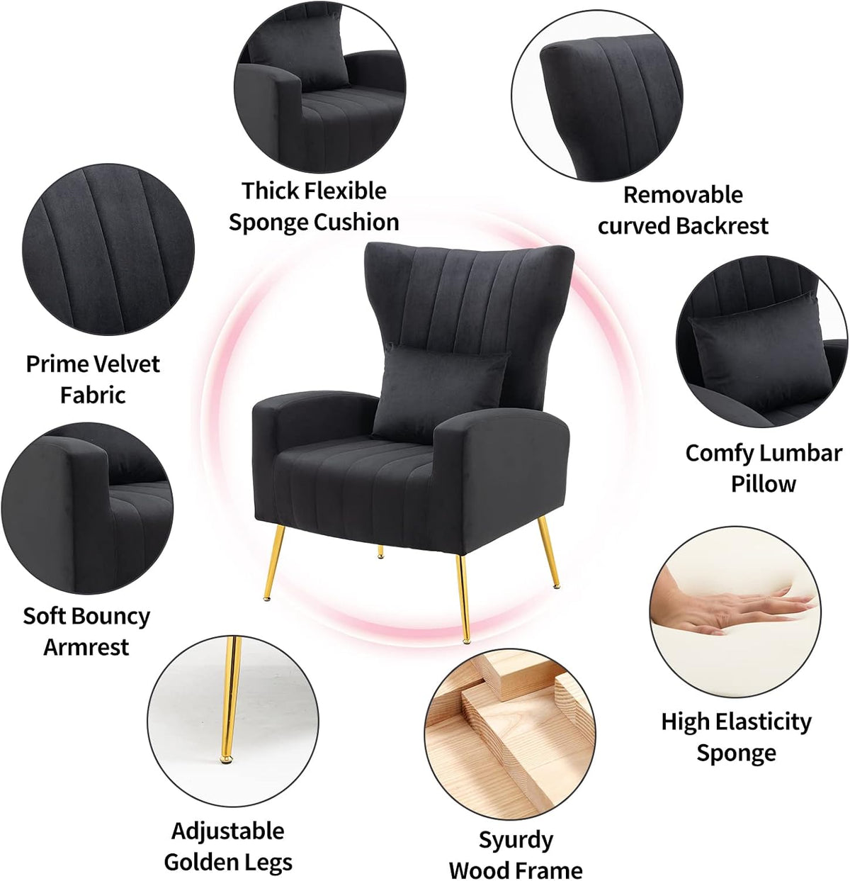 ZJhome Living Room Chairs Set of 2 Modern Velvet Accent Chairs with Lumbar Pillow, High Back Armchair Arm Chairs with Gold Metal Legs for Bedroom, Black
