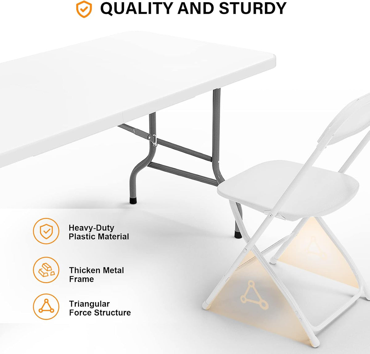 VINGLI 6 FT Plastic Folding Table Set with 6 White Folding Chairs for Picnic, Event, Training, Outdoor Activities, at Home and Commercial Use