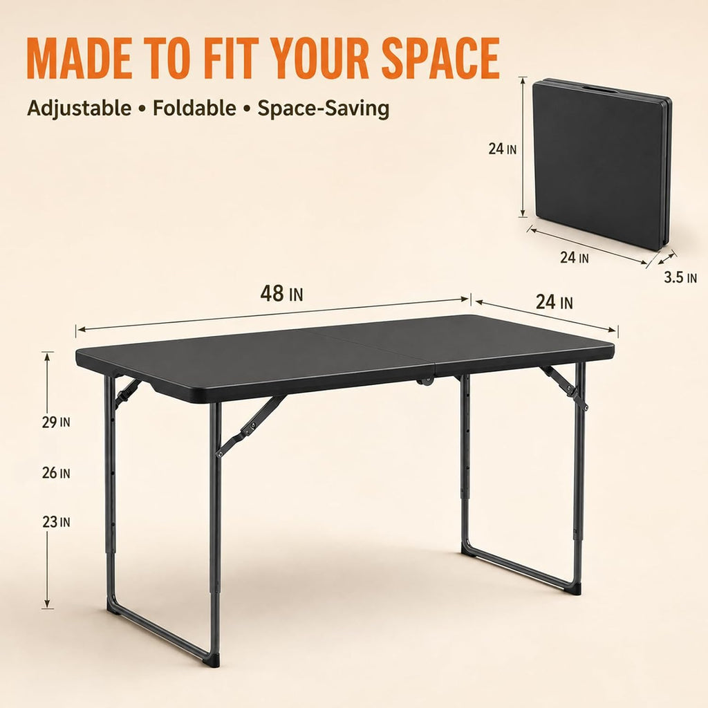 4FT Folding Table 3 Levels Adjustable Height, Heavy Duty Fold-in-Half Portable Table, 400 lbs Capacity Foldable Table for Party Dining Camping Events Picnic Outdoor Indoor Use