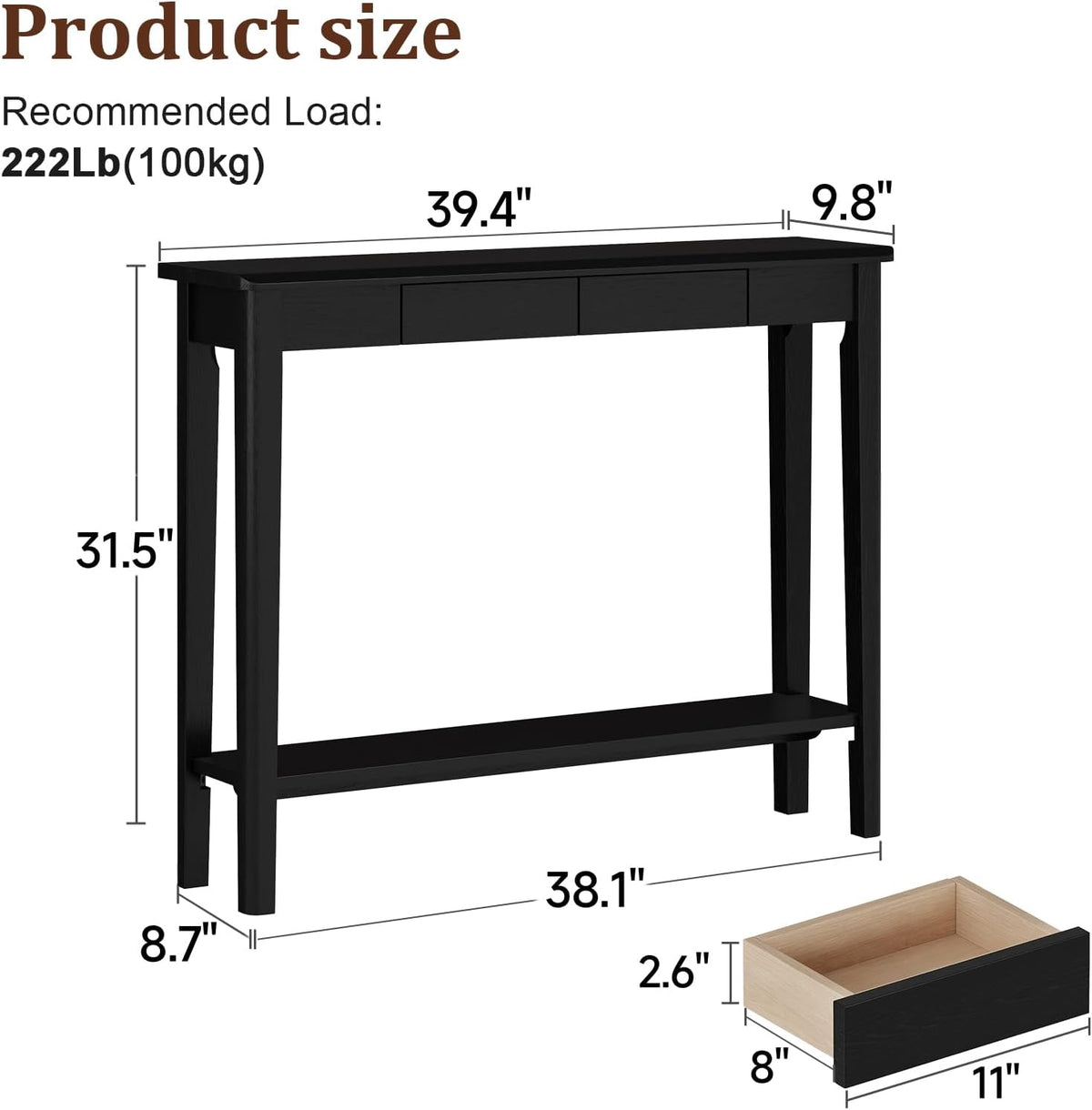 AQIMUELE Wood Console Table with Drawers, Mid Century Modern Console Table Black for Entryway, Living Room, Hall Way.