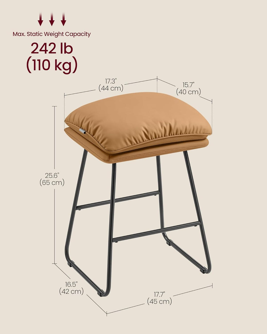 VASAGLE Bar Stools Set of 2, Leather, Metal Sled Legs, 25.6 Inches