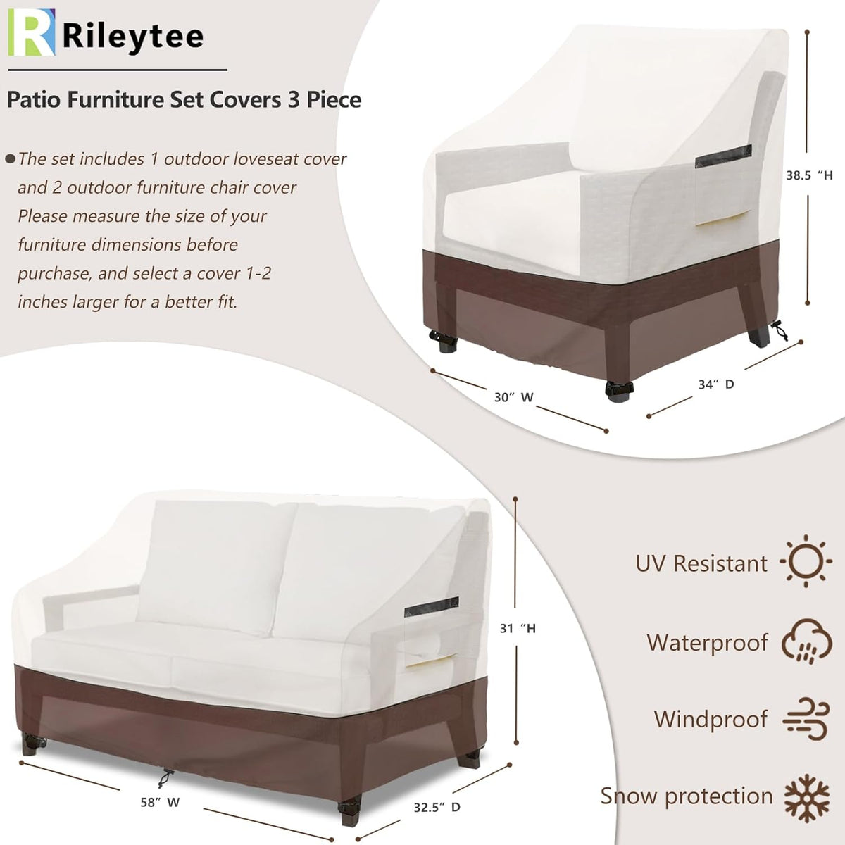 Rileytee Patio Furniture Set Covers Waterproof 3Pcs,Beige&Brown,Small