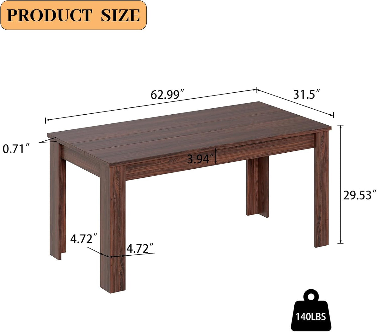 HIPIHOM 62.9" Wooden Dining Table, Modern Kitchen Table for 4-6 Person, Thickened MDF Dining Room Table for Dining Room, Kitchen, Living Room, Office