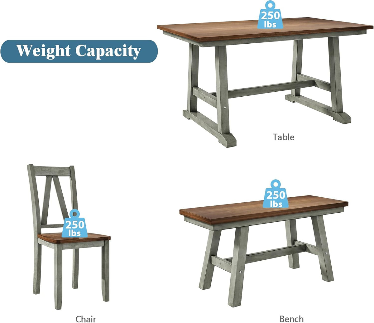 Harper & Bright Designs 6-Piece Dining Set, Farmhouse Style Wood Dining Table and 4 Dining Chairs & Long Bench, Kitchen Table Set, Walnut+Gray