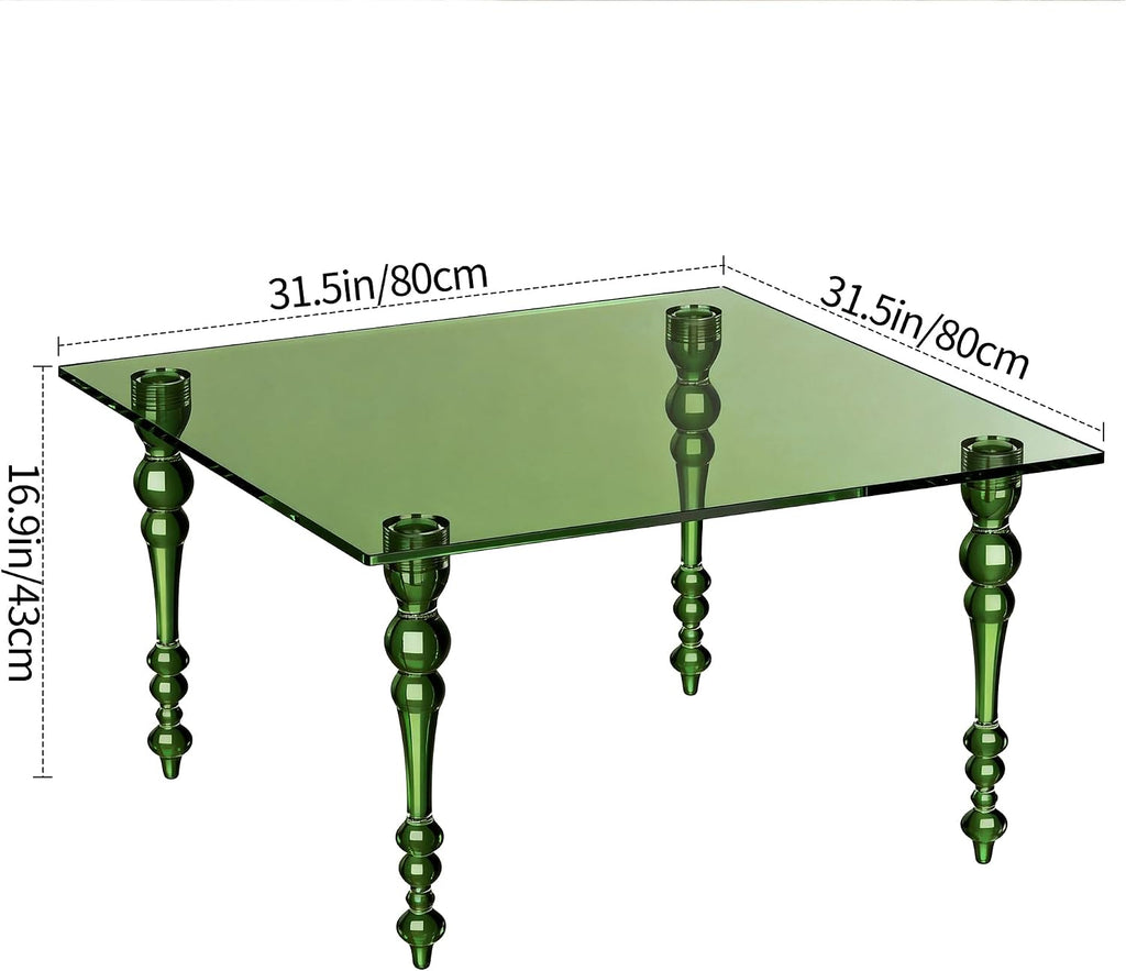 Acrylic Coffee Table Square, Mid-Century Modern Style for Living Room, Bedroom (Green, 31.5"×31.5"×16.9“)
