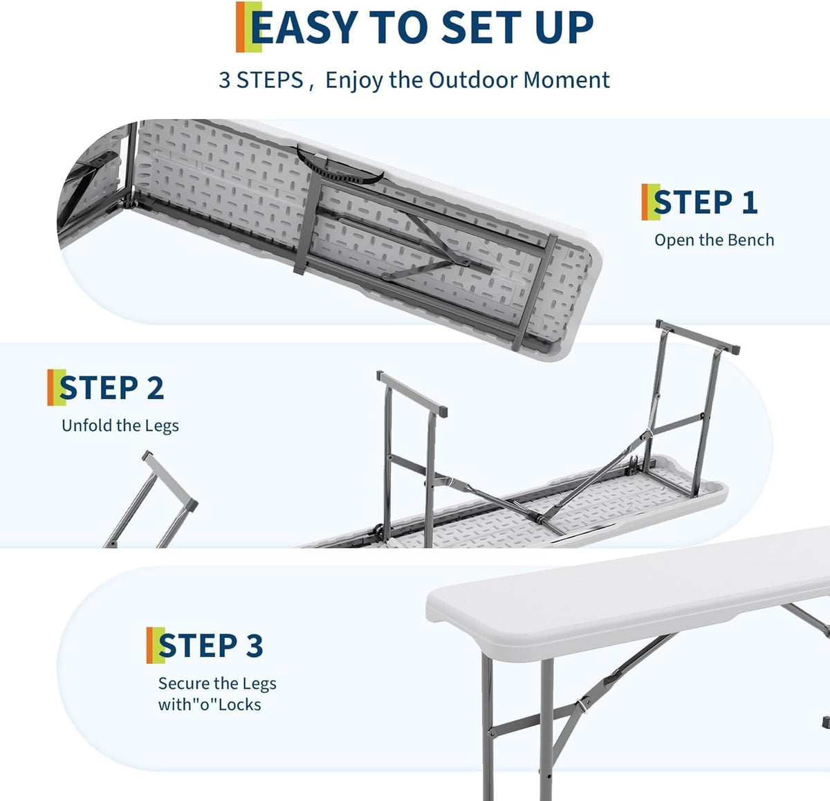 6ft folding bench, 2 pack fold-in-half portable seating on a desk or shelf