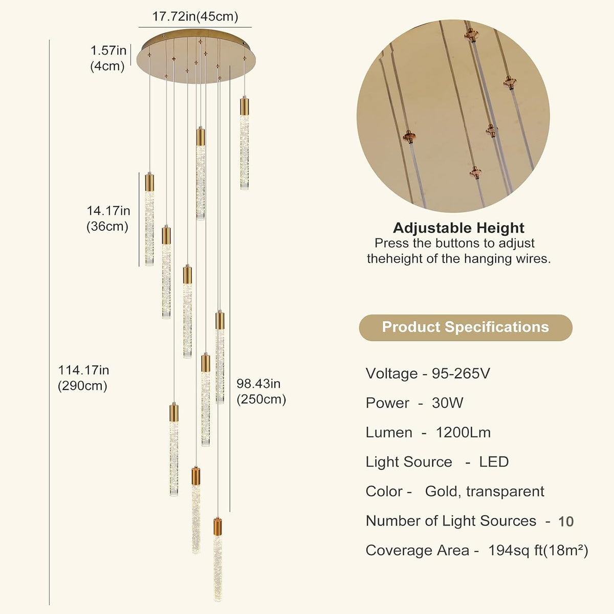 GEADI 10-Light Modern Crystal High Ceiling Chandelier for Foyer & Staircase