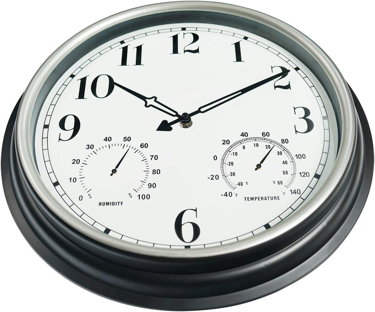 Rsobl 16 Inch Large Indoor Outdoor Wall Clock,Waterproof Non-Ticking Clock with Thermometer and Hygrometer Combo,Battery Operated Clock Wall Decorative- Silver