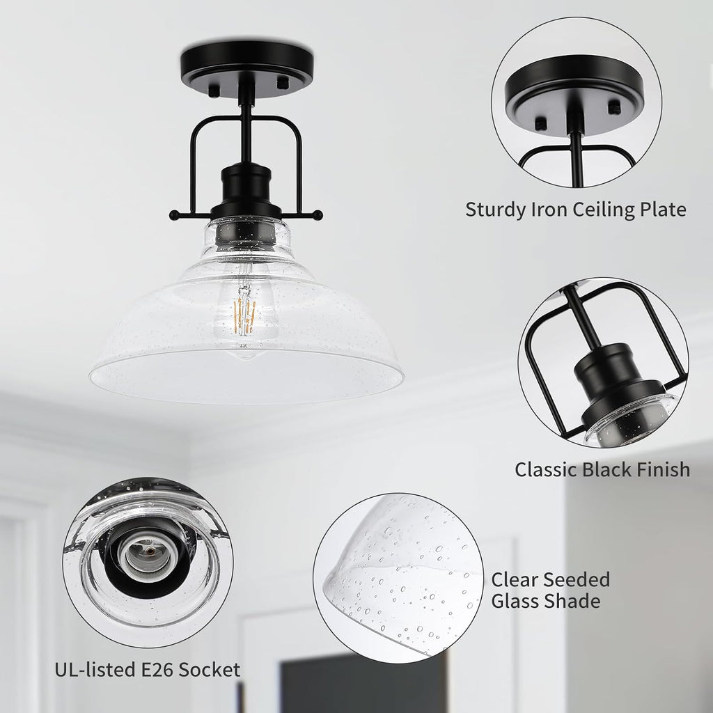 WILON Black Semi Flush Mount Ceiling Lights, Kitchen Lighting Fixtures with Seeded Glass Shade, Farmhouse Ceiling Lights for Kitchen Hallway Entryway Foyer Laundry Room