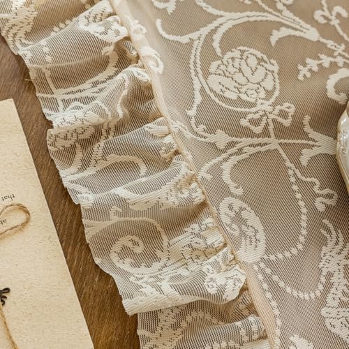 TUDECO Beige Lace Ruffle Curtains 80 Inch Length, Rustic Floral 2 Panels