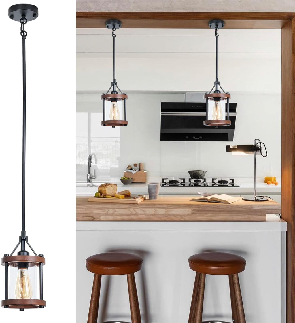 farmhouse pendant light, rustic walnut wood metal cage, view 10