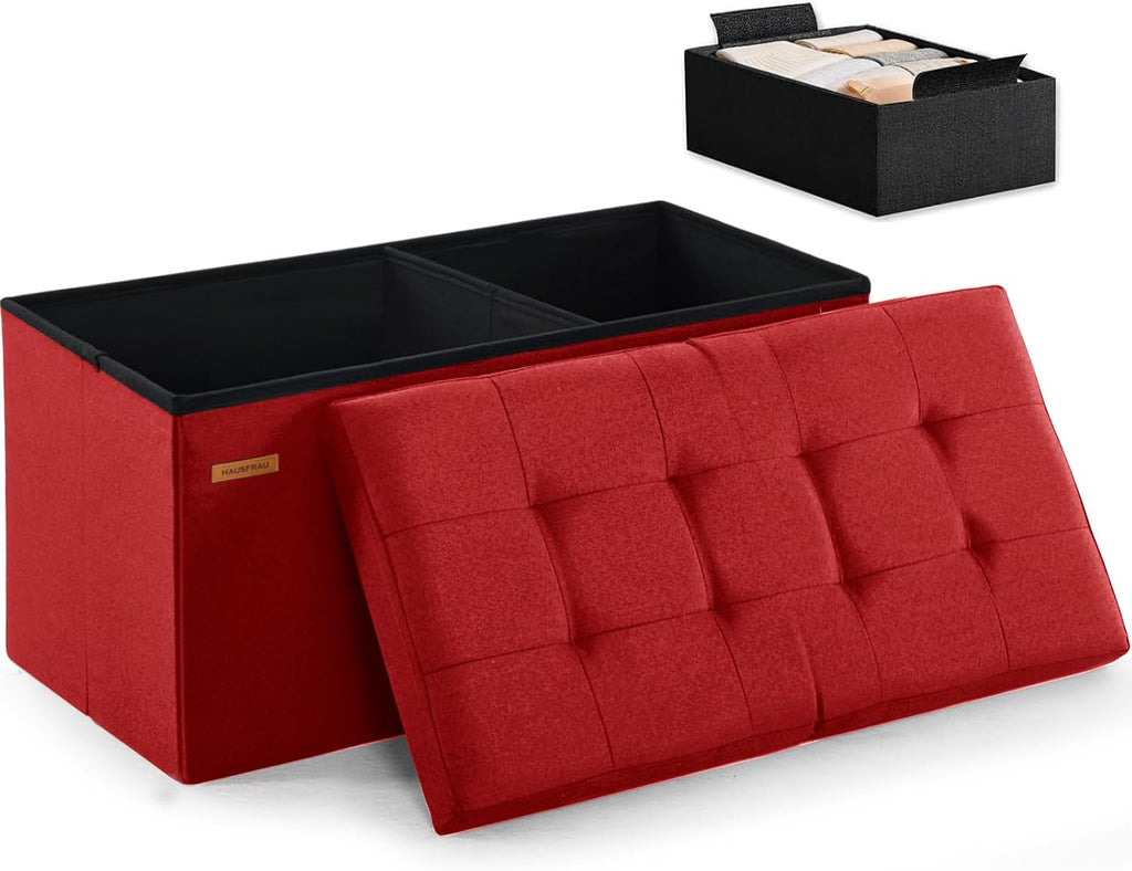 HAUSFRAU Ottoman with Storage Bench Folding Foot Rest Stool Linen Red