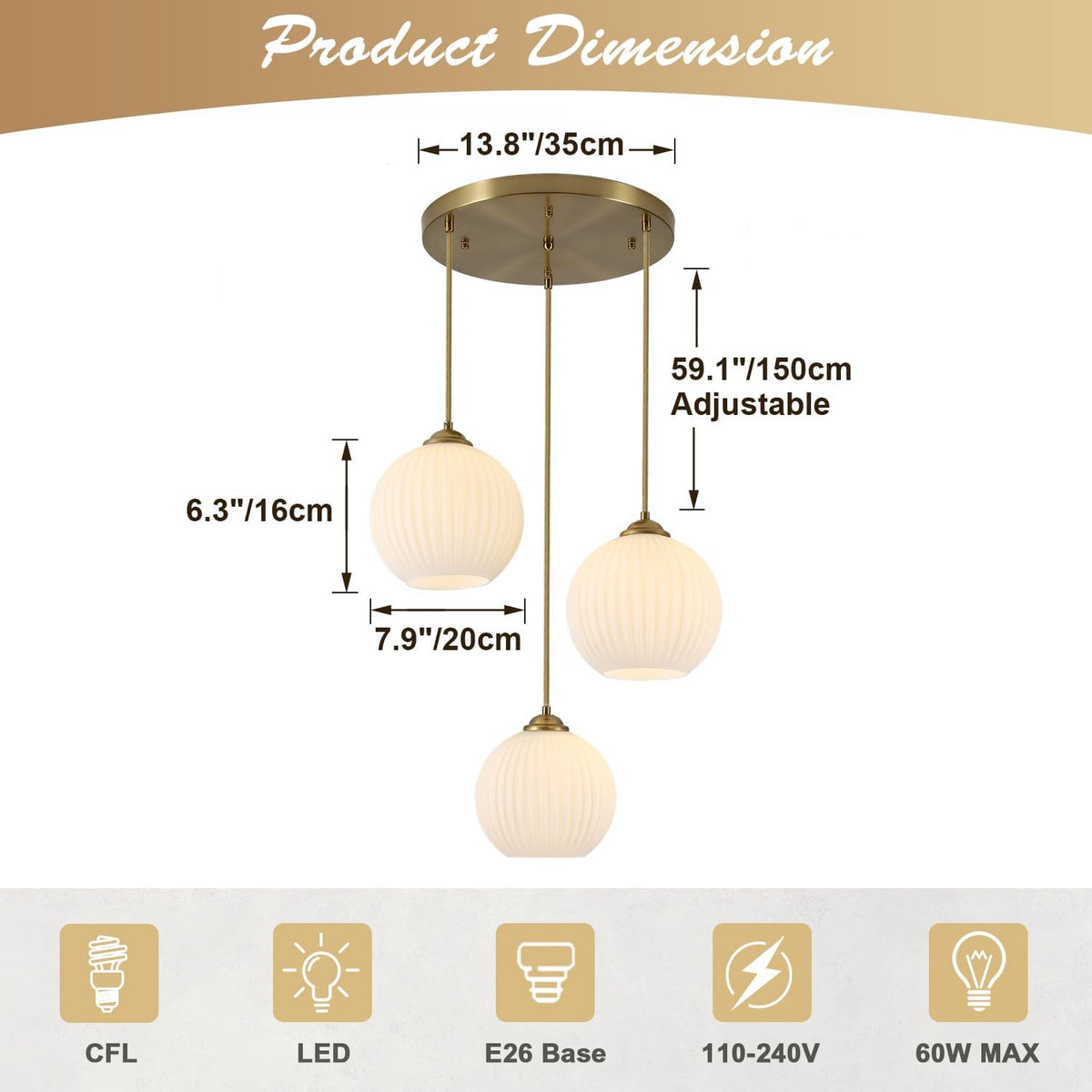 kco brushed gold 3-light ribbed white milk glass shown in use